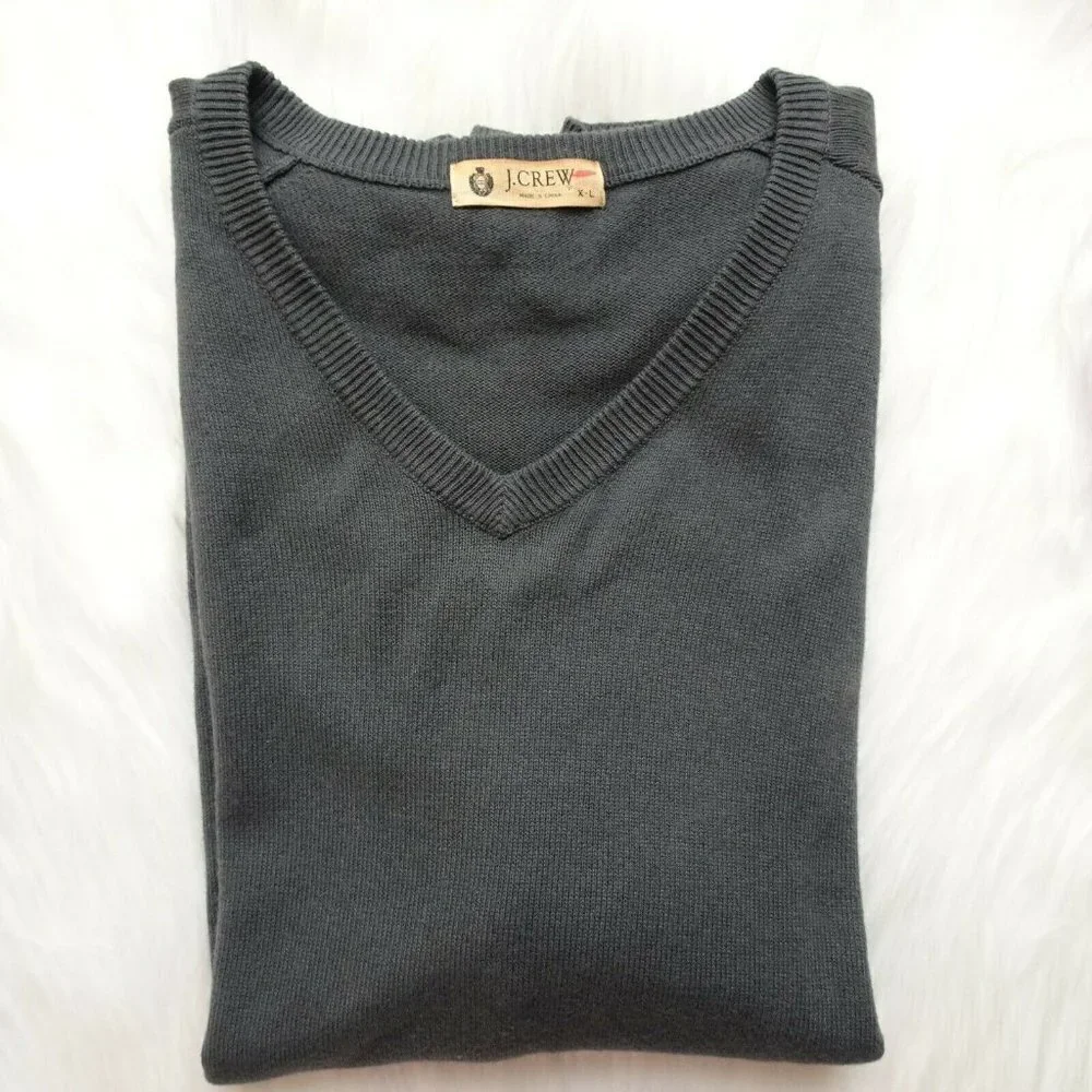 J. Crew Men's Sweater V-Neck Cotton Cashmere Gray Pullover Preppy Long Sleeve XL